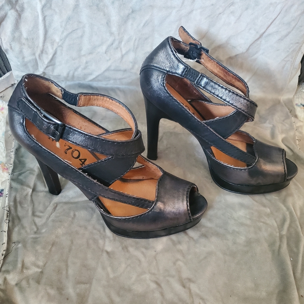 No 704b Black Leather Peep Toe Stilettos Sz 38.5/8